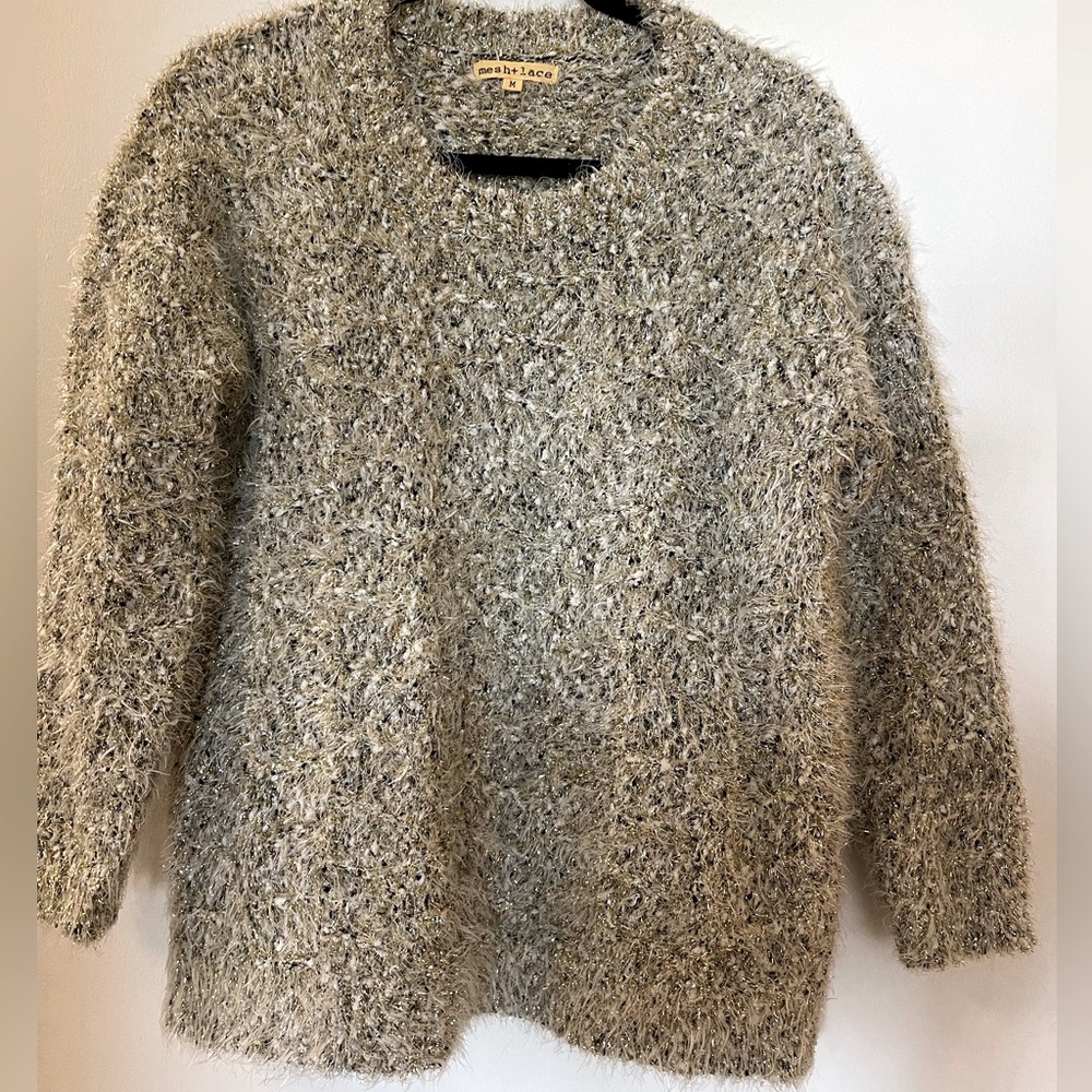 Mesh+Lace Cozy Sweater Fun Comfy Metallic Fringe NWOT